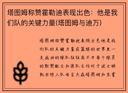 塔图姆称赞霍勒迪表现出色：他是我们队的关键力量(塔图姆与迪万)